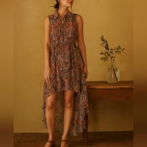 L'Atiste By Amy Women's Paisley Chiffon Sleeveless High-Low Shirt Dress